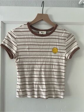H&M Cream & Brown Striped Ringer Tee with Yellow Smiley